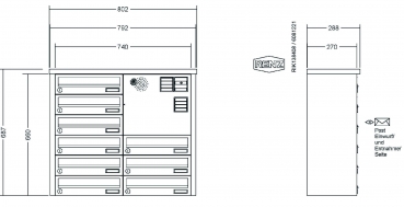 RENZ Briefkastenanlage Aufputz, Tetro, Edelstahl V4A, Kastenformat 370x110x270mm, mit Klingel - & Lichttaster und Vorbereitung Gegensprechanlage, 9-teilig